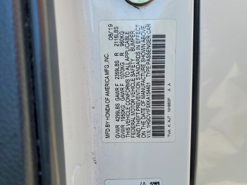 Продаж на аукціоні авто 2019 Honda Accord, vin: 1HGCV1F5XKA154401, номер лоту: 53945476
