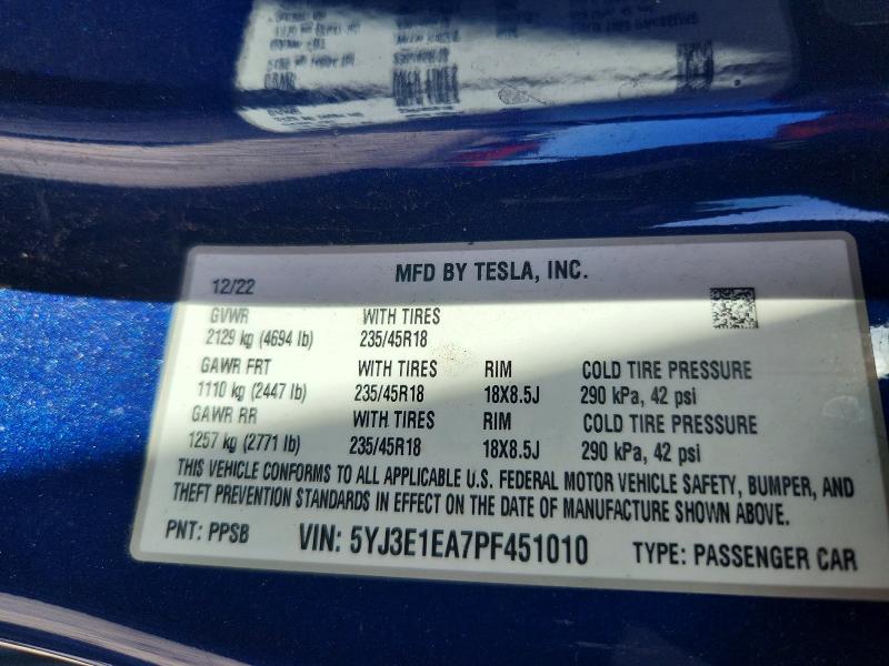 2023 Tesla Model 3 მანქანა იყიდება აუქციონზე, vin: 5YJ3E1EA7PF451010, აუქციონის ნომერი: 54025106