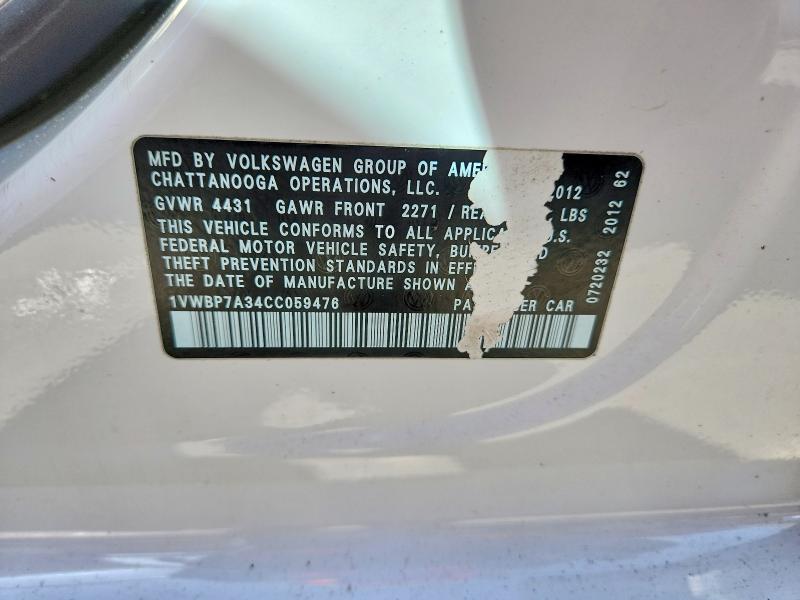 Продаж на аукціоні авто 2012 Volkswagen Passat, vin: 1VWBP7A34CC059476, номер лоту: 53325126