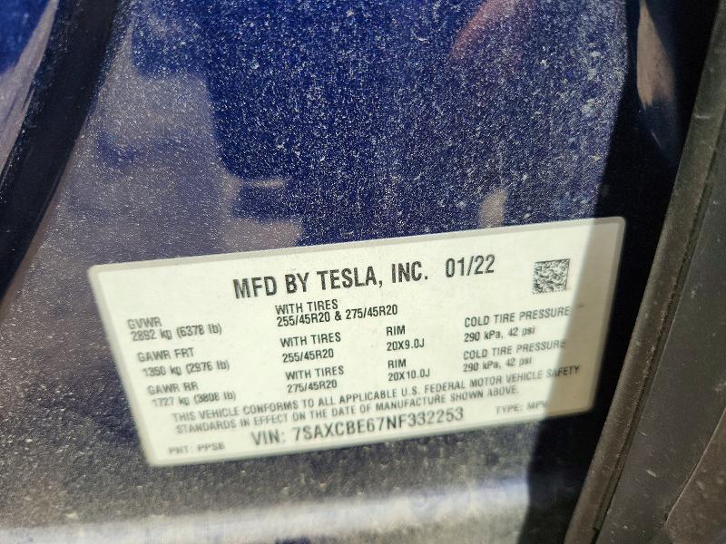 54498356 :رقم المزاد ، 7SAXCBE67NF332253 vin ، 2022 Tesla Model X مزاد بيع