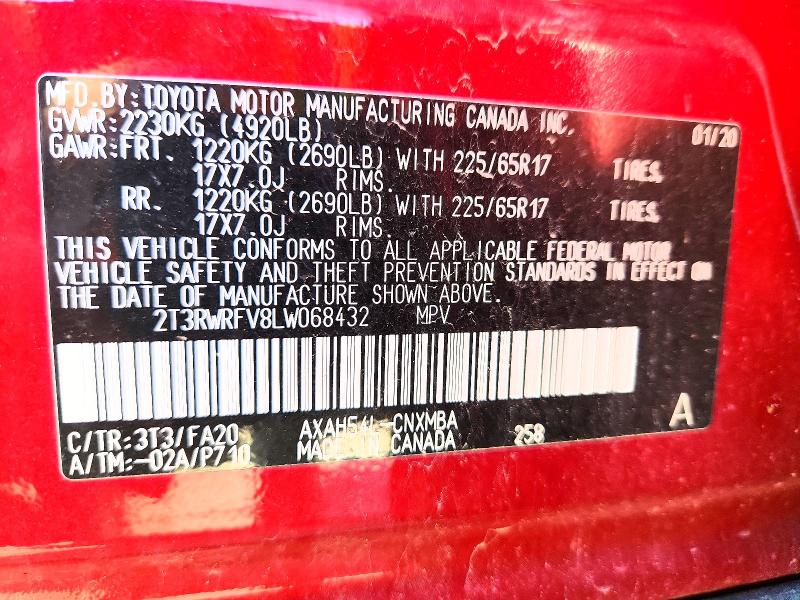 2020 Toyota Rav4 Hybrid მანქანა იყიდება აუქციონზე, vin: 2T3RWRFV8LW068432, აუქციონის ნომერი: 54734106