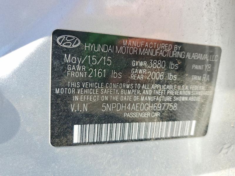 2016 Hyundai Elantra მანქანა იყიდება აუქციონზე, vin: 5NPDH4AE0GH697758, აუქციონის ნომერი: 52766116