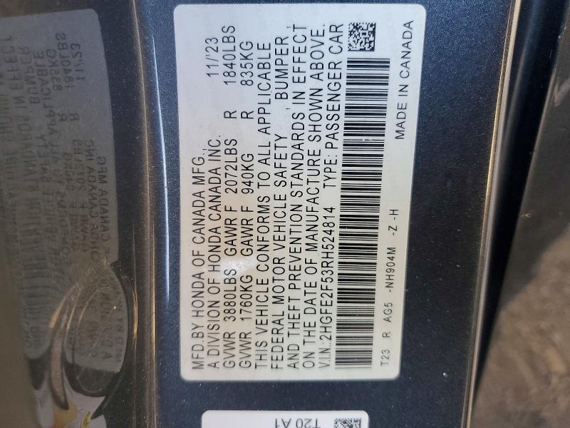 Aukcja sprzedaży 2024 Honda Civic, vin: 2HGFE2F53RH524814, numer aukcji: 53719706