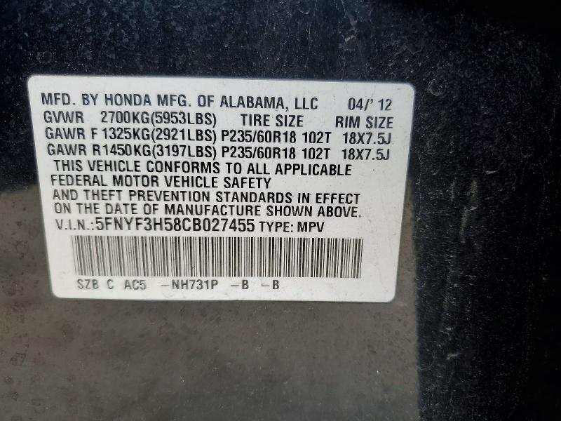 Aukcja sprzedaży 2012 Honda Pilot, vin: 5FNYF3H58CB027455, numer aukcji: 55211416