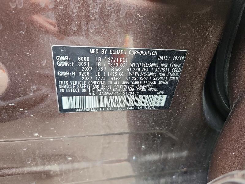 Продажа на аукционе авто 2019 Subaru Ascent, vin: 4S4WMARD2K3430460, номер лота: 52839306