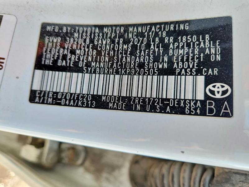 Продаж на аукціоні авто 2019 Toyota Corolla, vin: 5YFBURHE1KP920505, номер лоту: 53984896