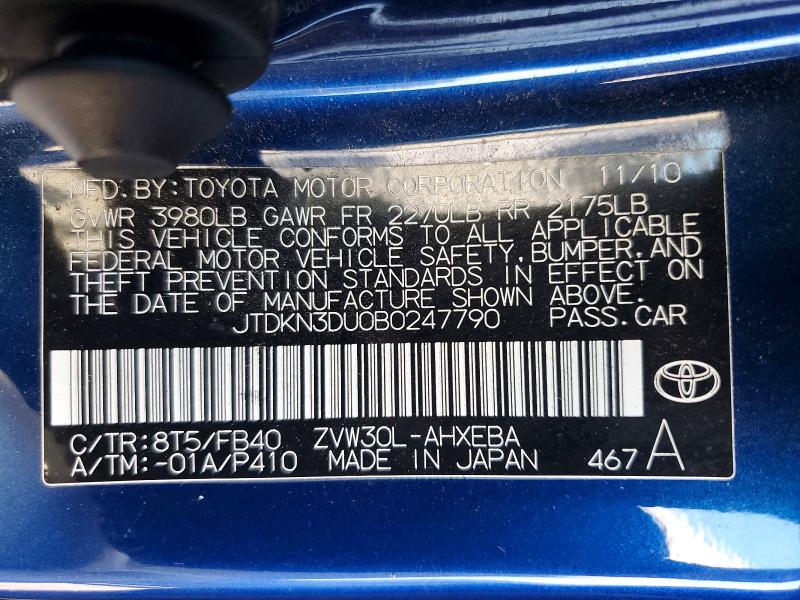 53665716 :رقم المزاد ، JTDKN3DU0B0247790 vin ، 2011 Toyota Prius مزاد بيع