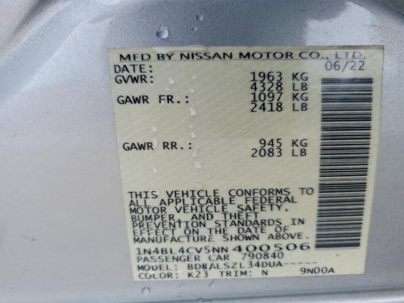 2022 Nissan Altima მანქანა იყიდება აუქციონზე, vin: 1N4BL4CV5NN400506, აუქციონის ნომერი: 51861076