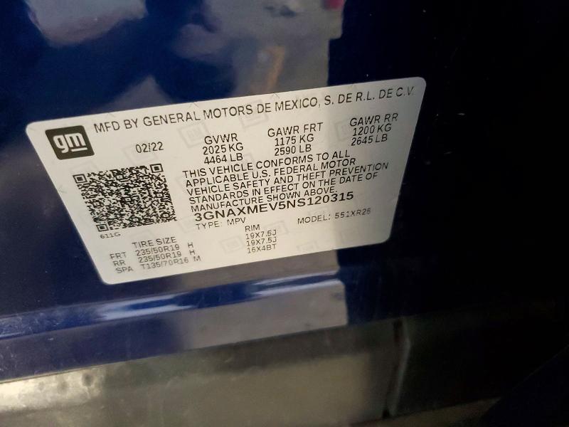 55129516 :رقم المزاد ، 3GNAXMEV5NS120315 vin ، 2022 Chevrolet Equinox مزاد بيع