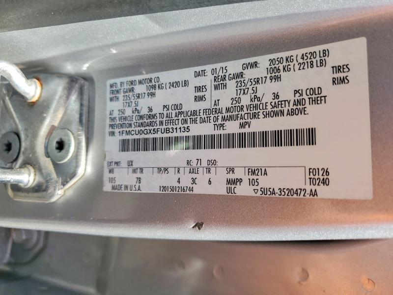 2015 Ford Escape მანქანა იყიდება აუქციონზე, vin: 1FMCU0GX5FUB31135, აუქციონის ნომერი: 54207796