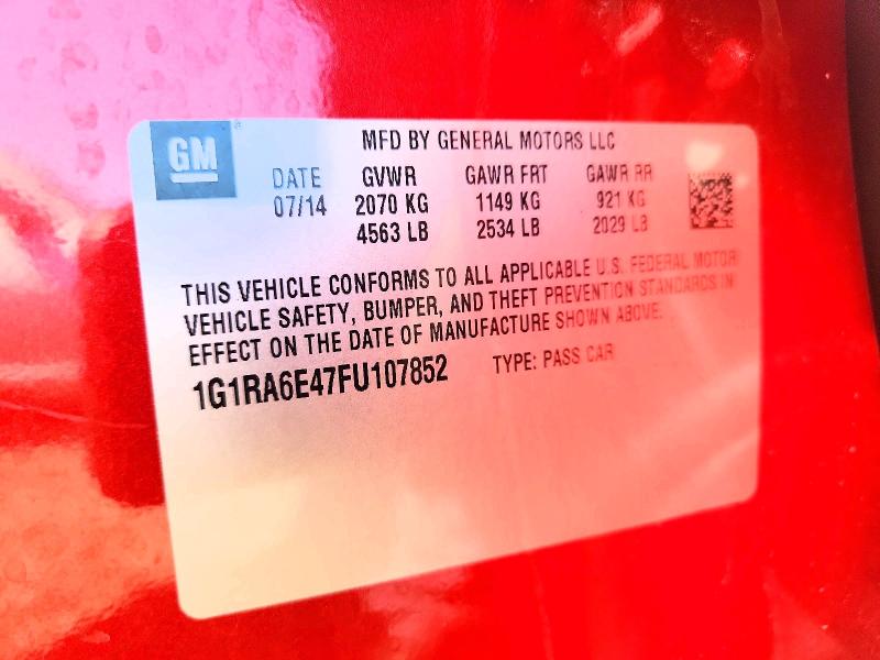 2015 Chevrolet Volt მანქანა იყიდება აუქციონზე, vin: 1G1RA6E47FU107852, აუქციონის ნომერი: 55478266