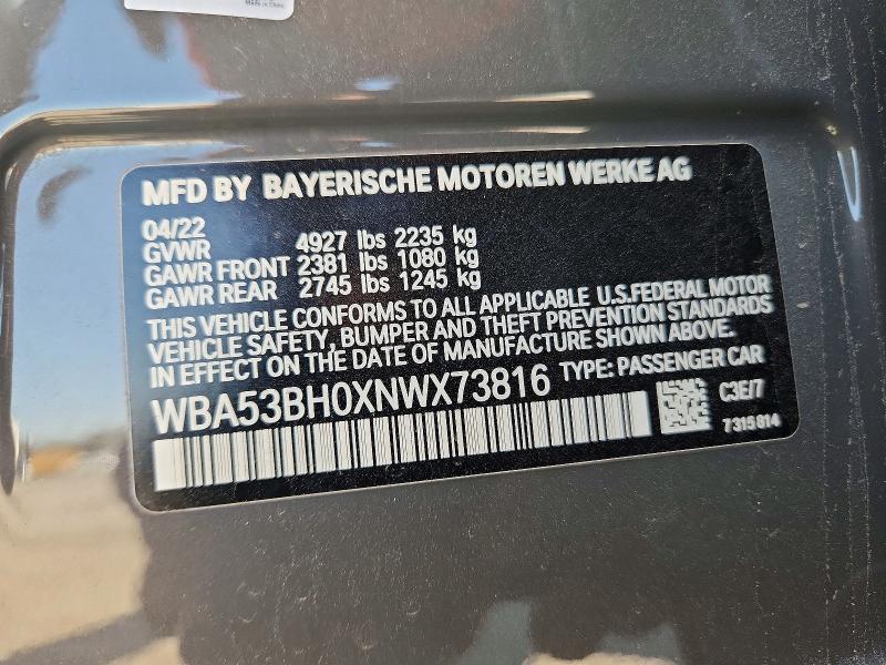 Aukcja sprzedaży 2022 Bmw 530, vin: WBA53BH0XNWX73816, numer aukcji: 52649896