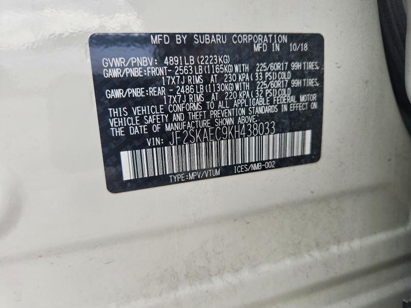 Продаж на аукціоні авто 2019 Subaru Forester, vin: JF2SKAEC9KH438033, номер лоту: 54707636