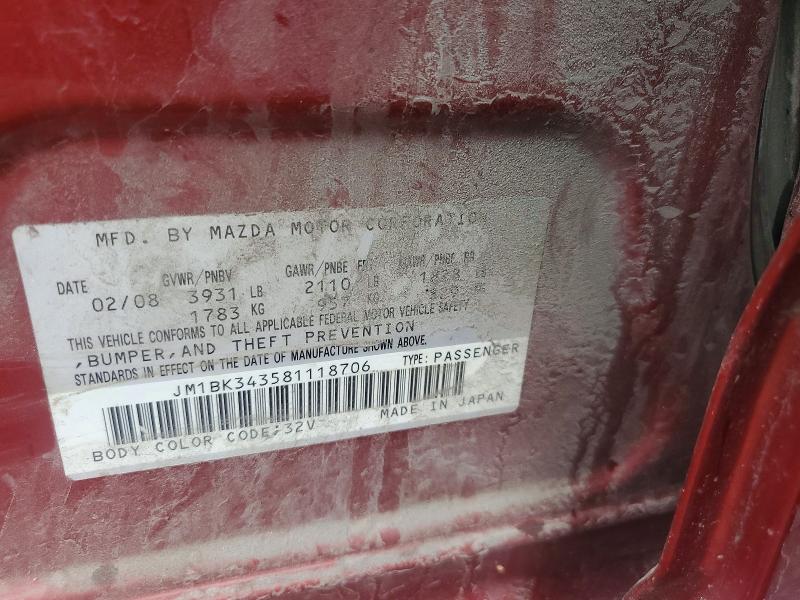 55130916 :رقم المزاد ، JM1BK343581118706 vin ، 2008 Mazda 3 مزاد بيع