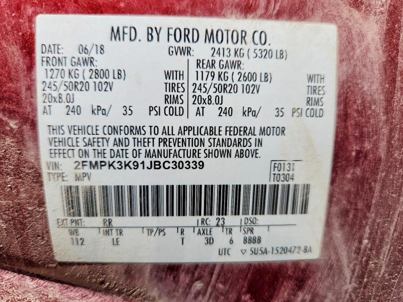 52956016 :رقم المزاد ، 2FMPK3K91JBC30339 vin ، 2018 Ford Edge مزاد بيع
