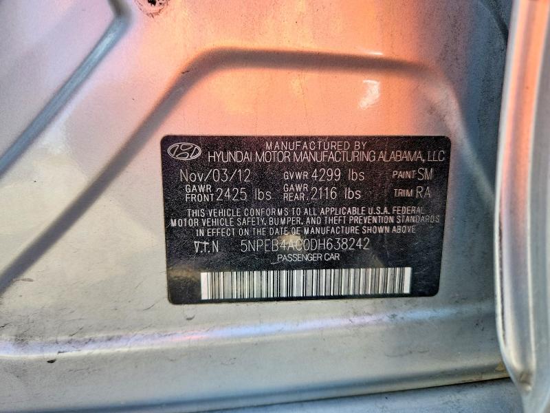 2013 Hyundai Sonata მანქანა იყიდება აუქციონზე, vin: 5NPEB4AC0DH638242, აუქციონის ნომერი: 54424006
