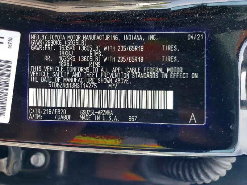 Продажа на аукционе авто 2021 Toyota Highlander, vin: 5TDBZRBH3MS114275, номер лота: 55147536