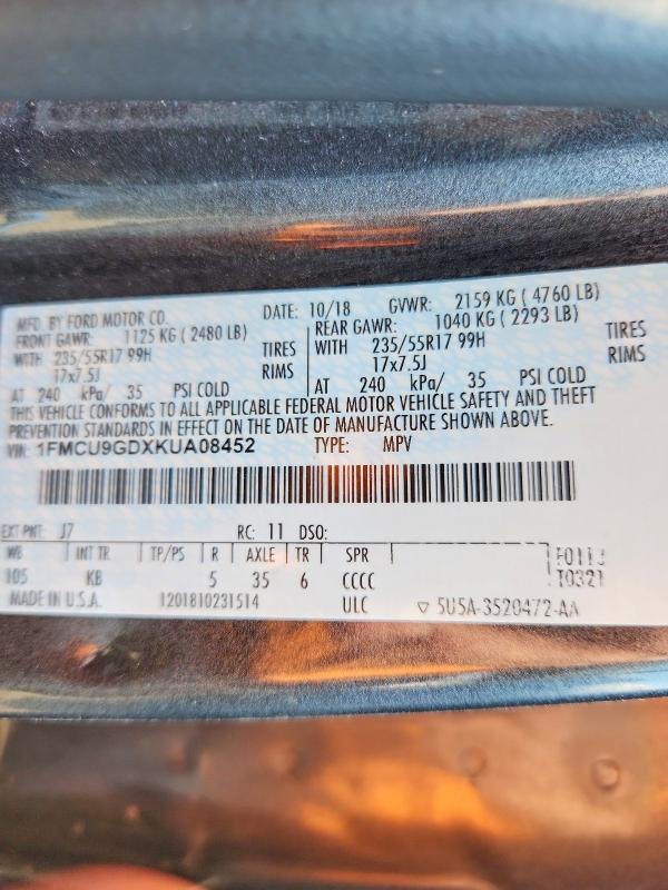 53720296 :رقم المزاد ، 1FMCU9GDXKUA08452 vin ، 2019 Ford Escape مزاد بيع