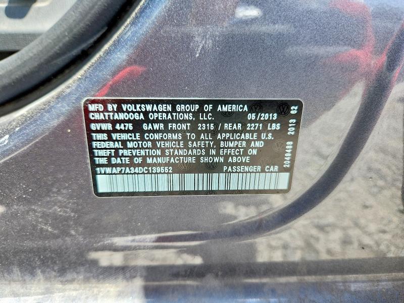 2013 Volkswagen Passat მანქანა იყიდება აუქციონზე, vin: 1VWAP7A34DC139552, აუქციონის ნომერი: 54817946