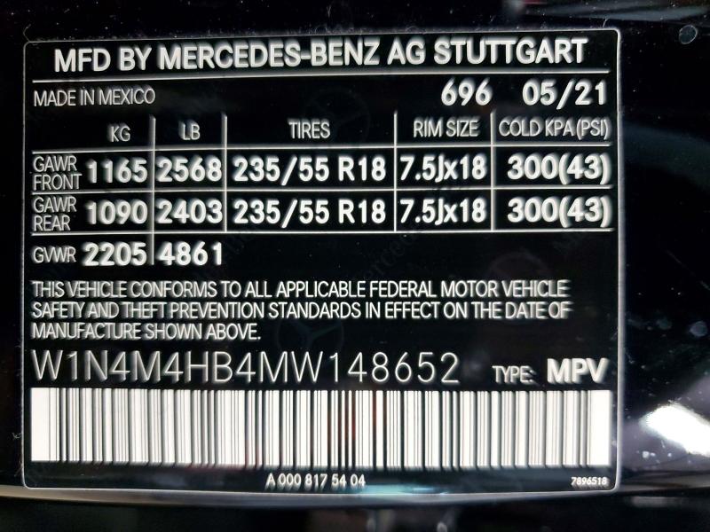 Aukcja sprzedaży 2021 Mercedes-benz Glb, vin: W1N4M4HB4MW148652, numer aukcji: 52624266