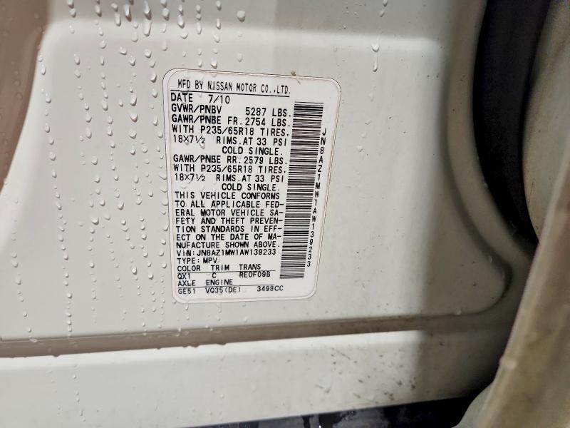 Продажа на аукционе авто 2010 Nissan Murano, vin: JN8AZ1MW1AW139233, номер лота: 52422196