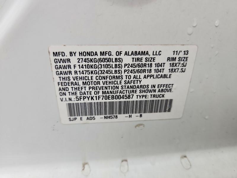 2014 Honda Ridgeline მანქანა იყიდება აუქციონზე, vin: 5FPYK1F70EB004587, აუქციონის ნომერი: 54550966