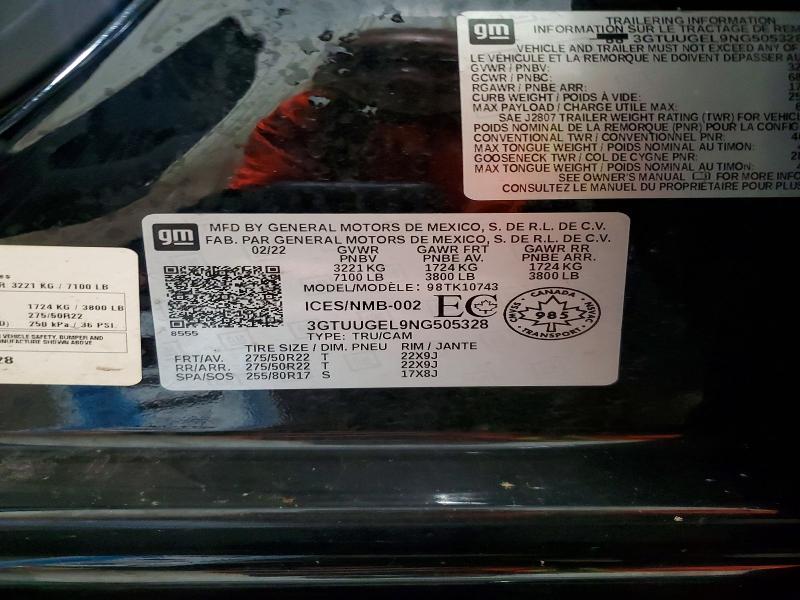 2022 Gmc Sierra მანქანა იყიდება აუქციონზე, vin: 3GTUUGEL9NG505328, აუქციონის ნომერი: 53578066