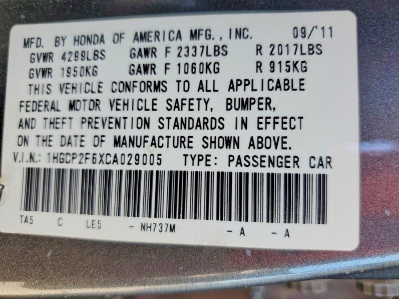 51913296 :رقم المزاد ، 1HGCP2F6XCA029005 vin ، 2012 Honda Accord مزاد بيع