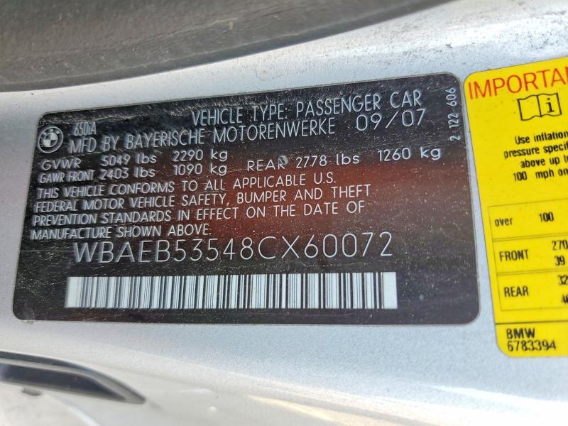 2008 Bmw 650 მანქანა იყიდება აუქციონზე, vin: WBAEB53548CX60072, აუქციონის ნომერი: 54322616