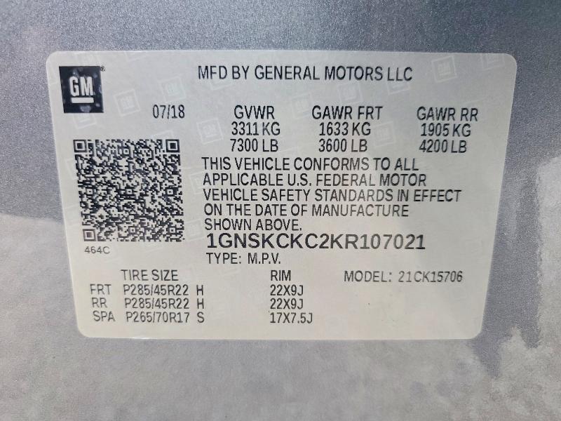 Aukcja sprzedaży 2019 Chevrolet Tahoe, vin: 1GNSKCKC2KR107021, numer aukcji: 55047006