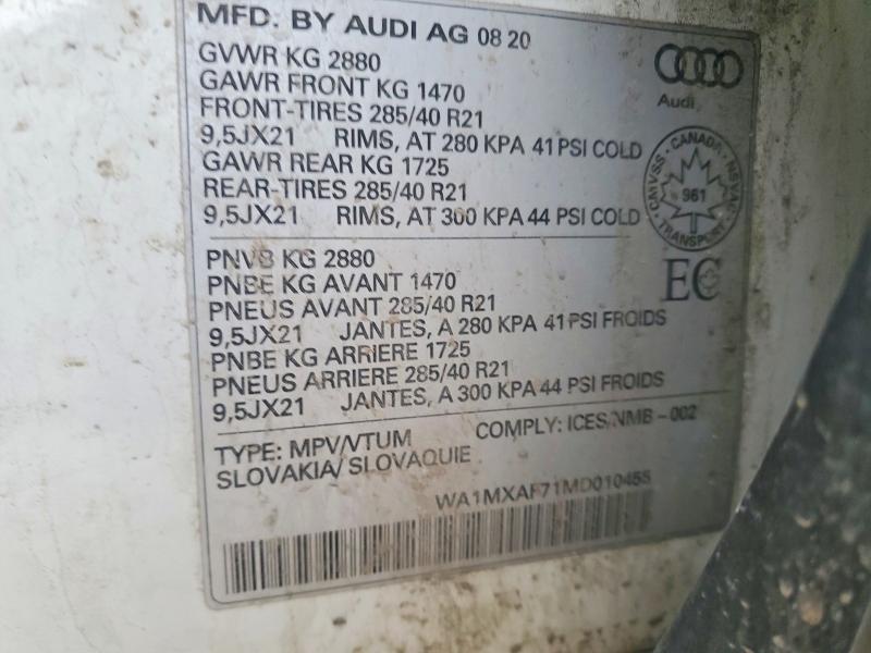 Продажа на аукционе авто 2021 Audi Q7, vin: WA1MXAF71MD010455, номер лота: 50877056