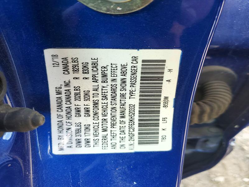 54349276 :رقم المزاد ، 2HGFC2F63KH520332 vin ، 2019 Honda Civic مزاد بيع