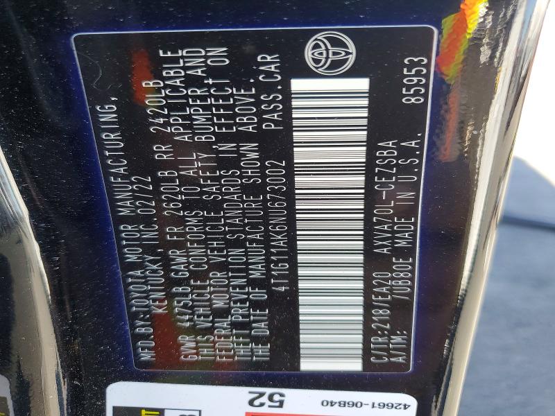 53779256 :رقم المزاد ، 4T1G11AK6NU673002 vin ، 2022 Toyota Camry مزاد بيع