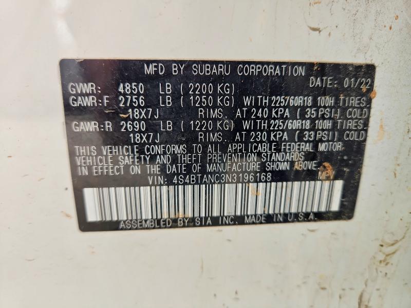 52569786 :رقم المزاد ، 4S4BTANC3N3196168 vin ، 2022 Subaru Outback مزاد بيع