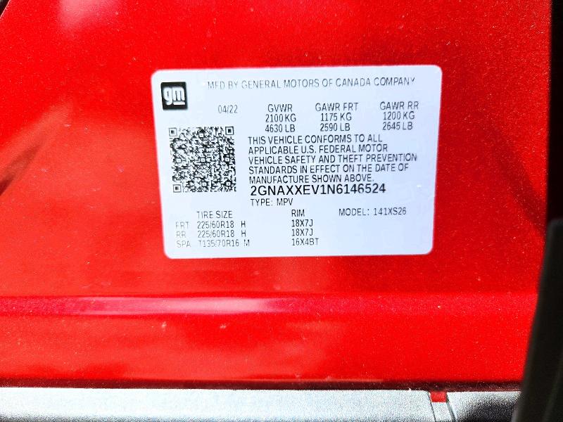 53429836 :رقم المزاد ، 2GNAXXEV1N6146524 vin ، 2022 Chevrolet Equinox مزاد بيع