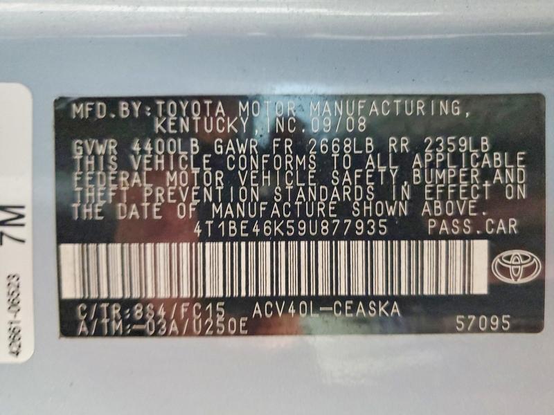 2009 Toyota Camry მანქანა იყიდება აუქციონზე, vin: 4T1BE46K59U877935, აუქციონის ნომერი: 51984346