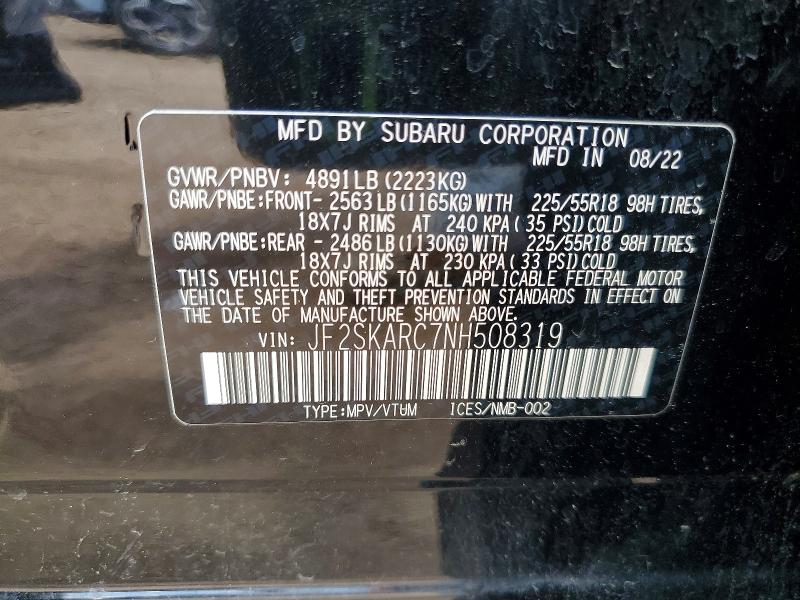 2022 Subaru Forester მანქანა იყიდება აუქციონზე, vin: JF2SKARC7NH508319, აუქციონის ნომერი: 52131006