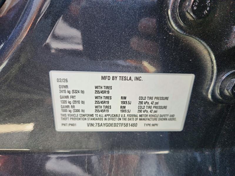 Aukcja sprzedaży 2026 Tesla Model Y, vin: 7SAYGDED2TF581480, numer aukcji: 54309416