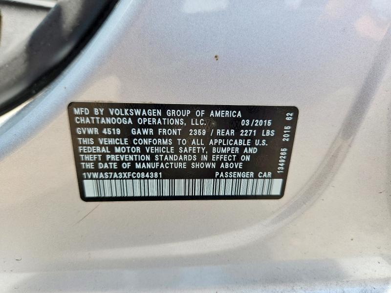 Продаж на аукціоні авто 2015 Volkswagen Passat, vin: 1VWAS7A3XFC084381, номер лоту: 51983166