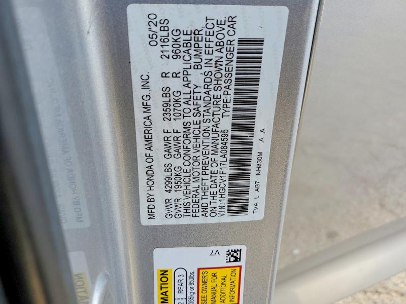 Auction sale of the 2020 Honda Accord, vin: 1HGCV1F17LA084595, lot number: 52048106