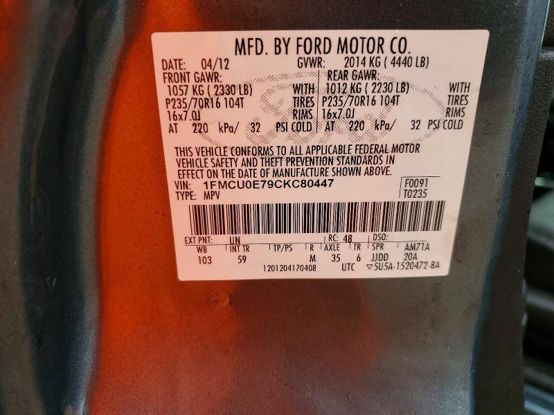 54675656 :رقم المزاد ، 1FMCU0E79CKC80447 vin ، 2012 Ford Escape مزاد بيع