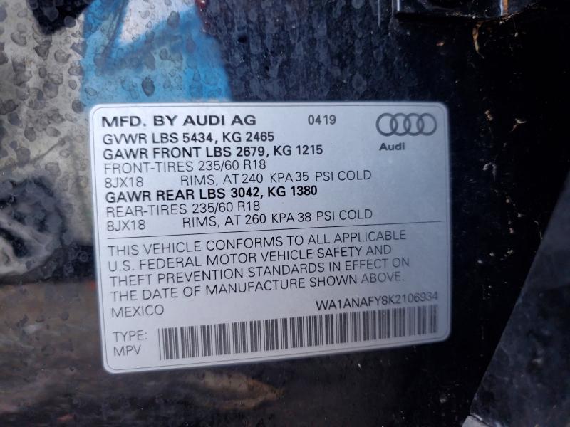 2019 Audi Q5 მანქანა იყიდება აუქციონზე, vin: WA1ANAFY8K2106934, აუქციონის ნომერი: 55043676