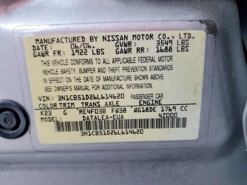 Aukcja sprzedaży 2006 Nissan Sentra, vin: 3N1CB51D26L614620, numer aukcji: 55450736
