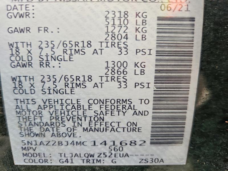 Aukcja sprzedaży 2021 Nissan Murano, vin: 5N1AZ2BJ4MC141682, numer aukcji: 54494516