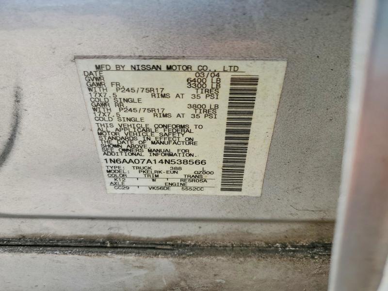 Aukcja sprzedaży 2004 Nissan Titan, vin: 1N6AA07A14N538566, numer aukcji: 54411126
