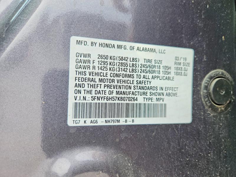 53629586 :رقم المزاد ، 5FNYF6H57KB070264 vin ، 2019 Honda Pilot مزاد بيع
