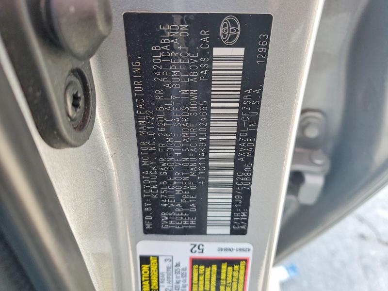 52369176 :رقم المزاد ، 4T1G11AK9NU024665 vin ، 2022 Toyota Camry مزاد بيع
