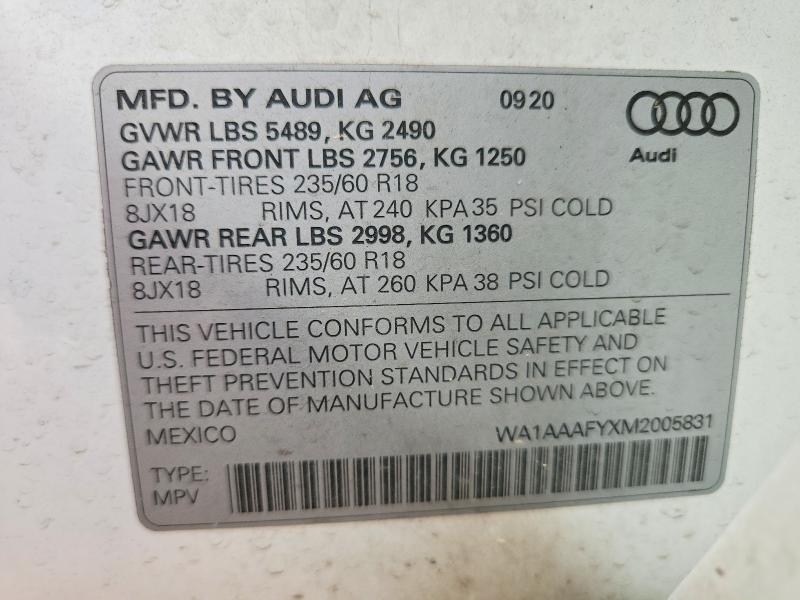 Auction sale of the 2021 Audi Q5, vin: WA1AAAFYXM2005831, lot number: 54525836