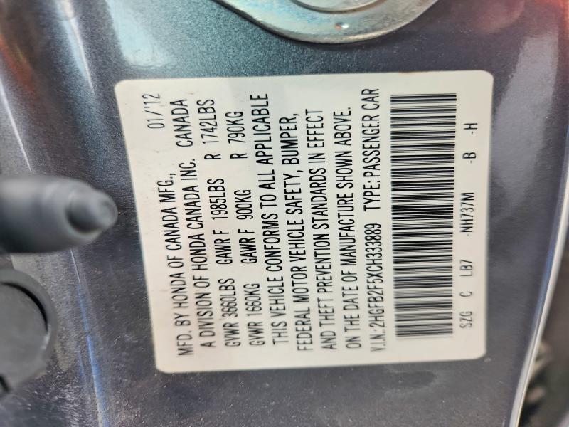54885846 :رقم المزاد ، 2HGFB2F5XCH333889 vin ، 2012 Honda Civic مزاد بيع
