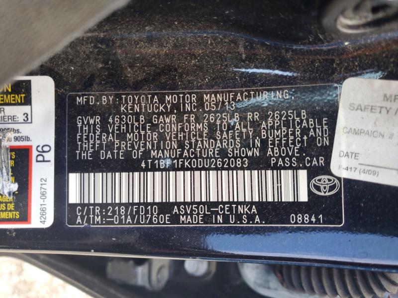 Auction sale of the 2013 Toyota Camry, vin: 4T1BF1FK0DU262083, lot number: 53342886